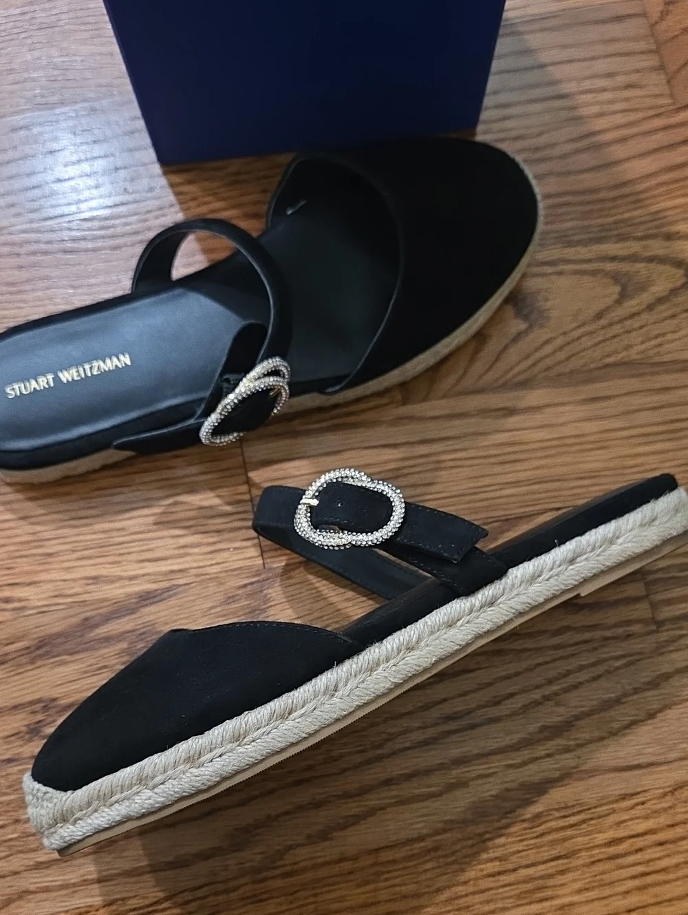 Stuart Weitzman Black Suede Crystal Buckle Espadrille Mule